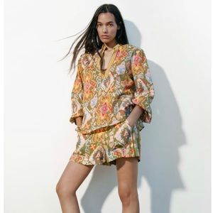 NWT Zara Tunic Top Blouse with Neckline Embroidery Cotton Pink Green Blue XS $50